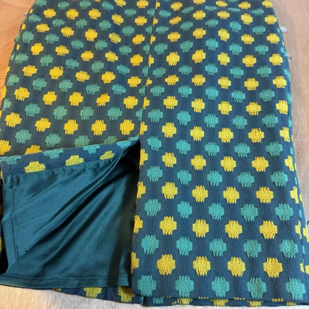 Boden Pencil Skirt 6R Green Yellow Textured Cotton Geometric Knit Slit Retro